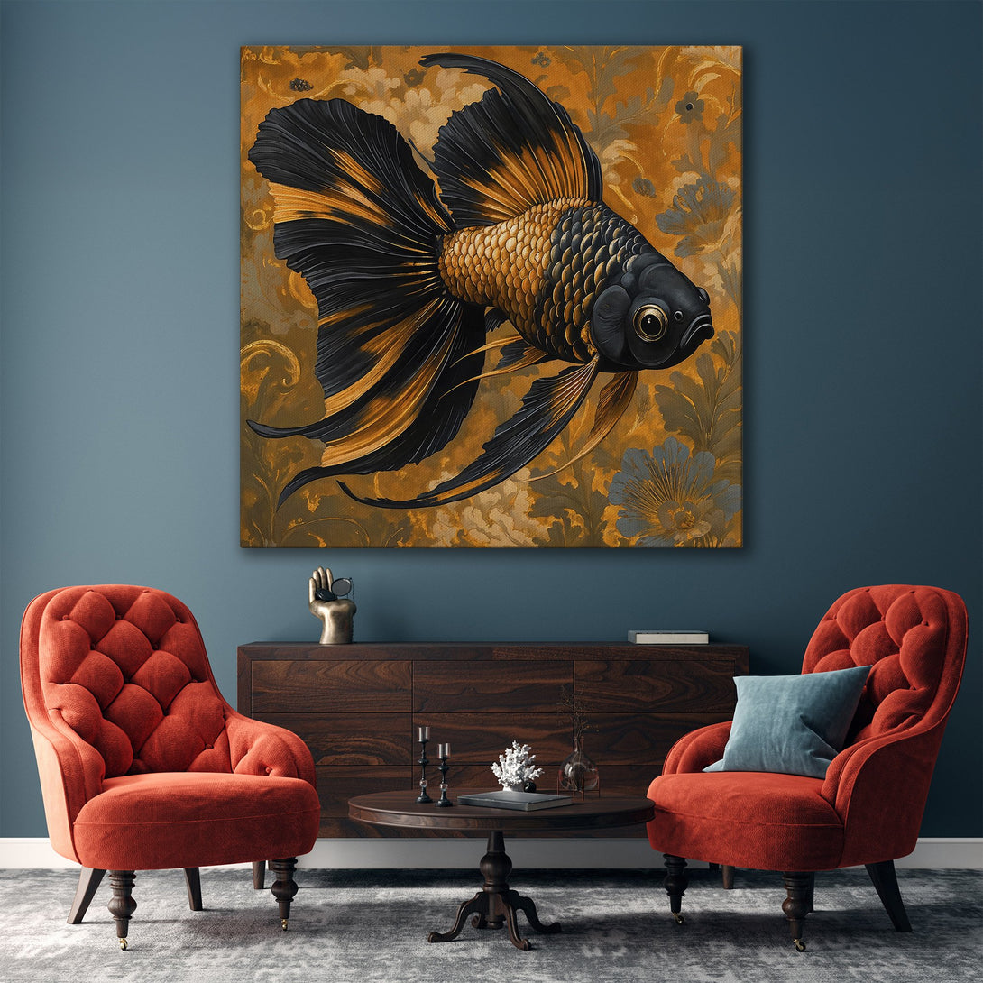 Framed Wall Art featuring a black and gold fish in a luxurious interior. Elegant, art deco style with a warm, neutral color palette. Enhance your space!