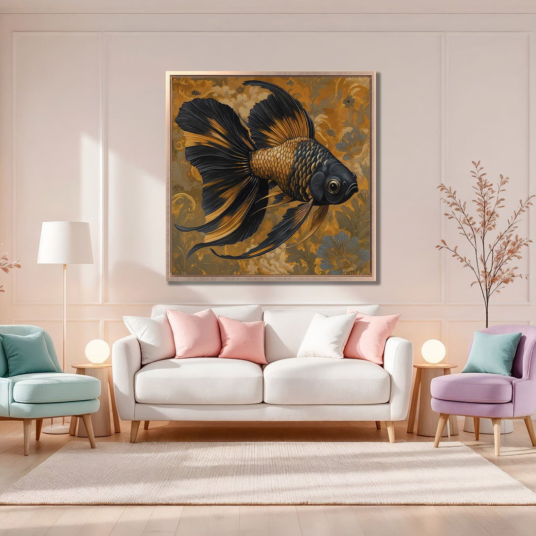 Framed Wall Art: Elegant goldfish canvas print in a gold and black color palette. Perfect for adding a touch of sophistication to your home decor.