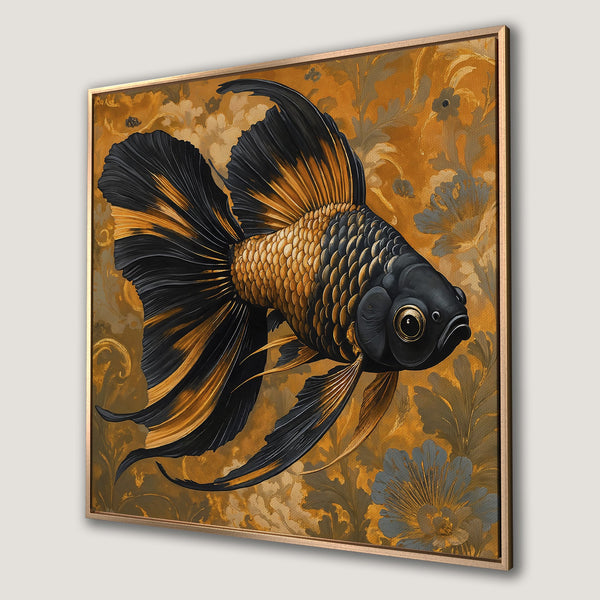 Framed Wall Art: Elegant goldfish canvas print in gold, black, and muted teal. Perfect for adding a touch of luxury to your home decor.