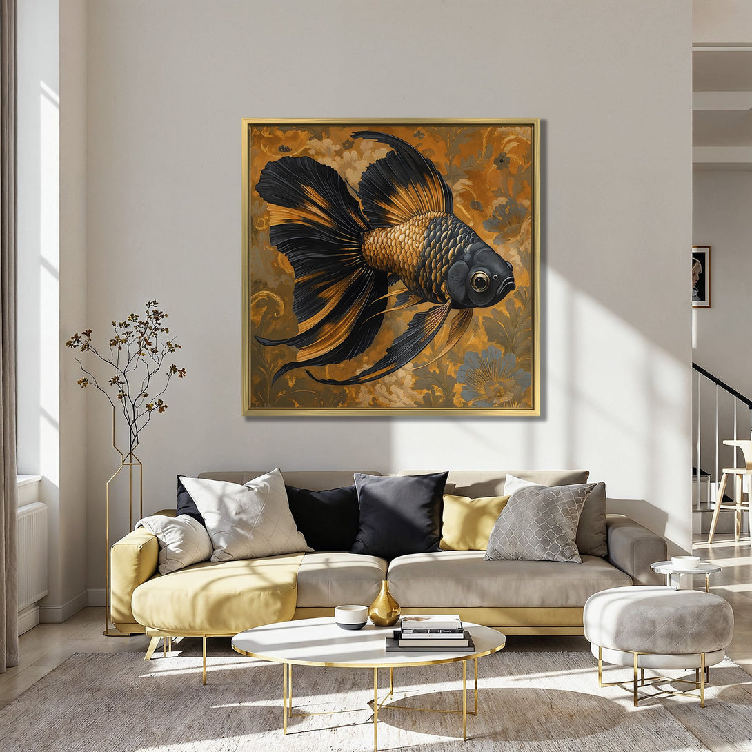 Canvas Print of a striking black and gold fish against a floral background. Elegant wall art in a warm, inviting color palette.