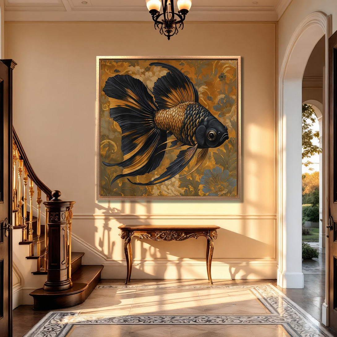 Framed Wall Art: Elegant fish art print in a gold and black palette. Adds a touch of luxury to any space. Perfect for living rooms and entryways.