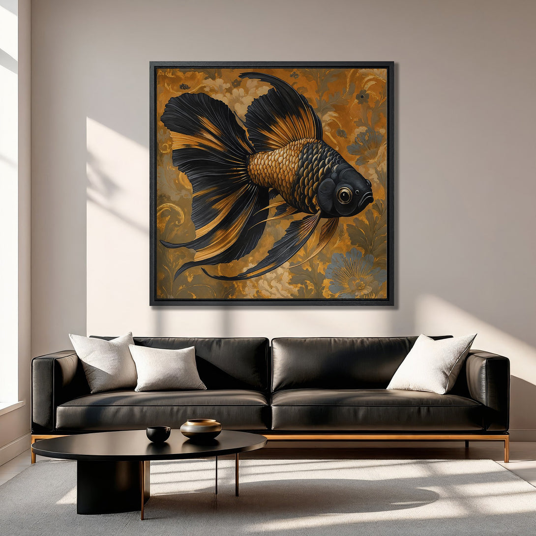 Framed Wall Art: Stunning gold and black fish canvas print. Modern art for living room decor. Adds elegance with its rich color palette.
