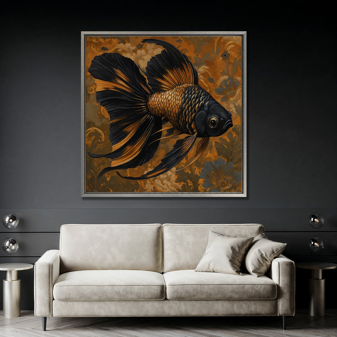 Framed Wall Art: Stunning black and gold fish artwork. Elegant, modern style with a warm, earthy color palette. Perfect for living room decor.