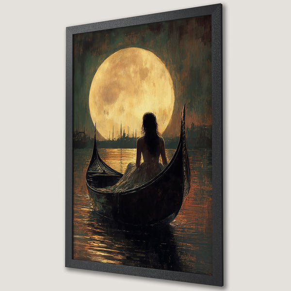 Framed Poster of a woman in a gondola under a full moon. Romantic art style with a warm, moody color palette. Perfect wall decor!