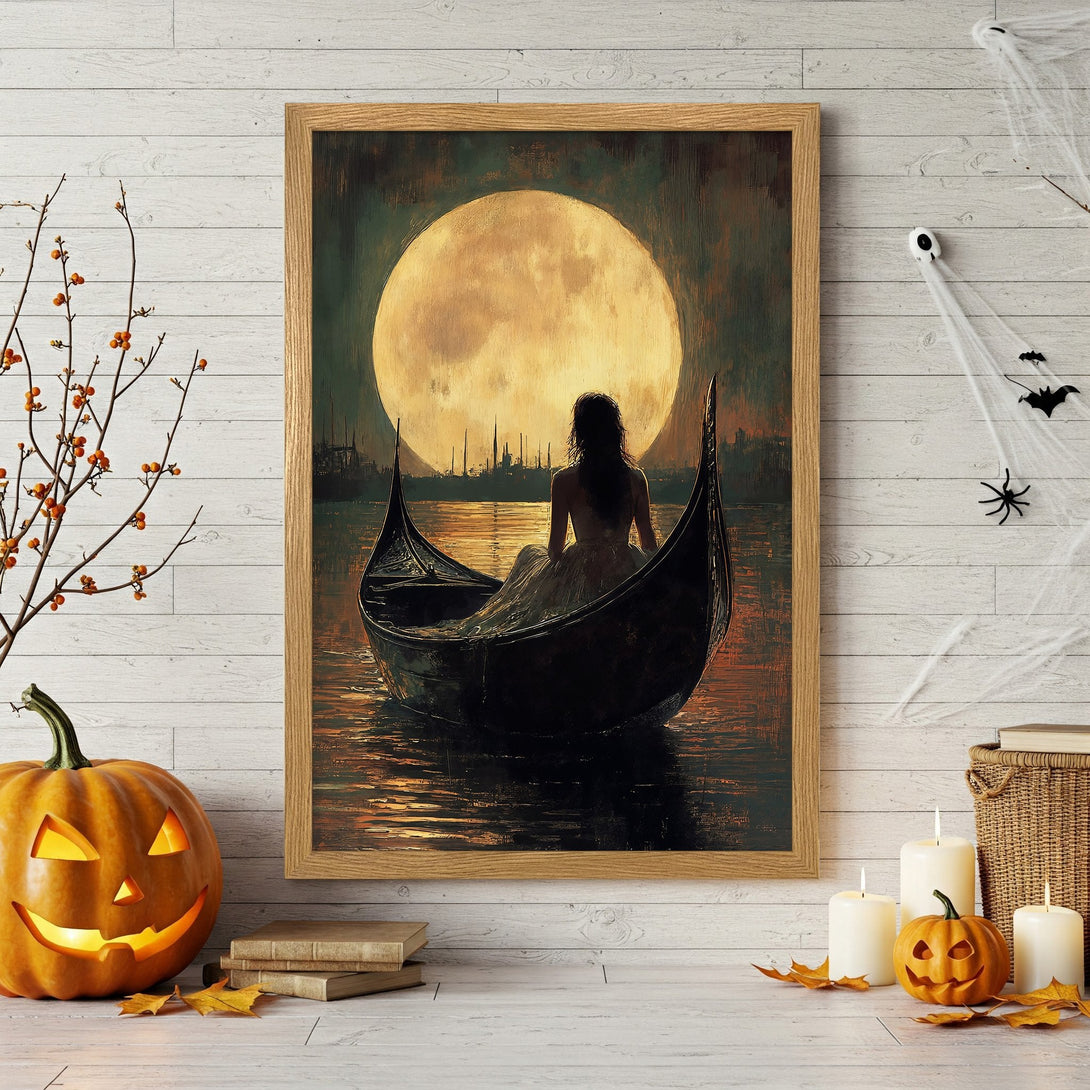 Framed Poster of woman in boat under moon, dark art style, warm color palette, perfect Halloween decor.