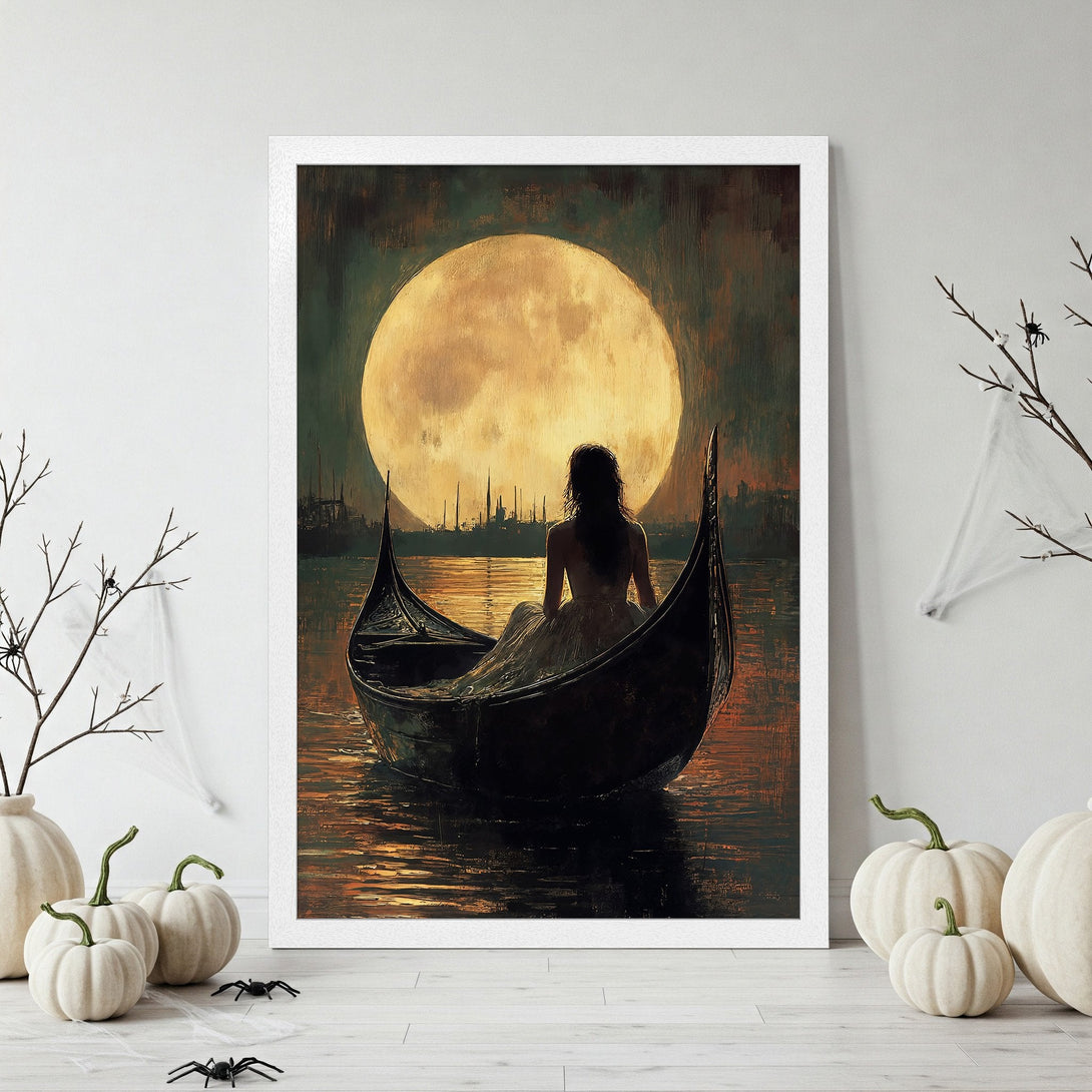 Framed Poster featuring a woman in a boat under a full moon. Dark, moody artwork with a warm color palette. Perfect wall art!