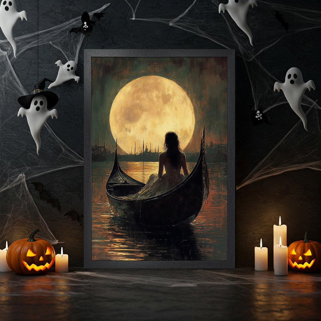 Framed Poster of a woman in a boat under a moon. Dark, romantic style with a warm, golden color palette. Perfect Halloween decor.