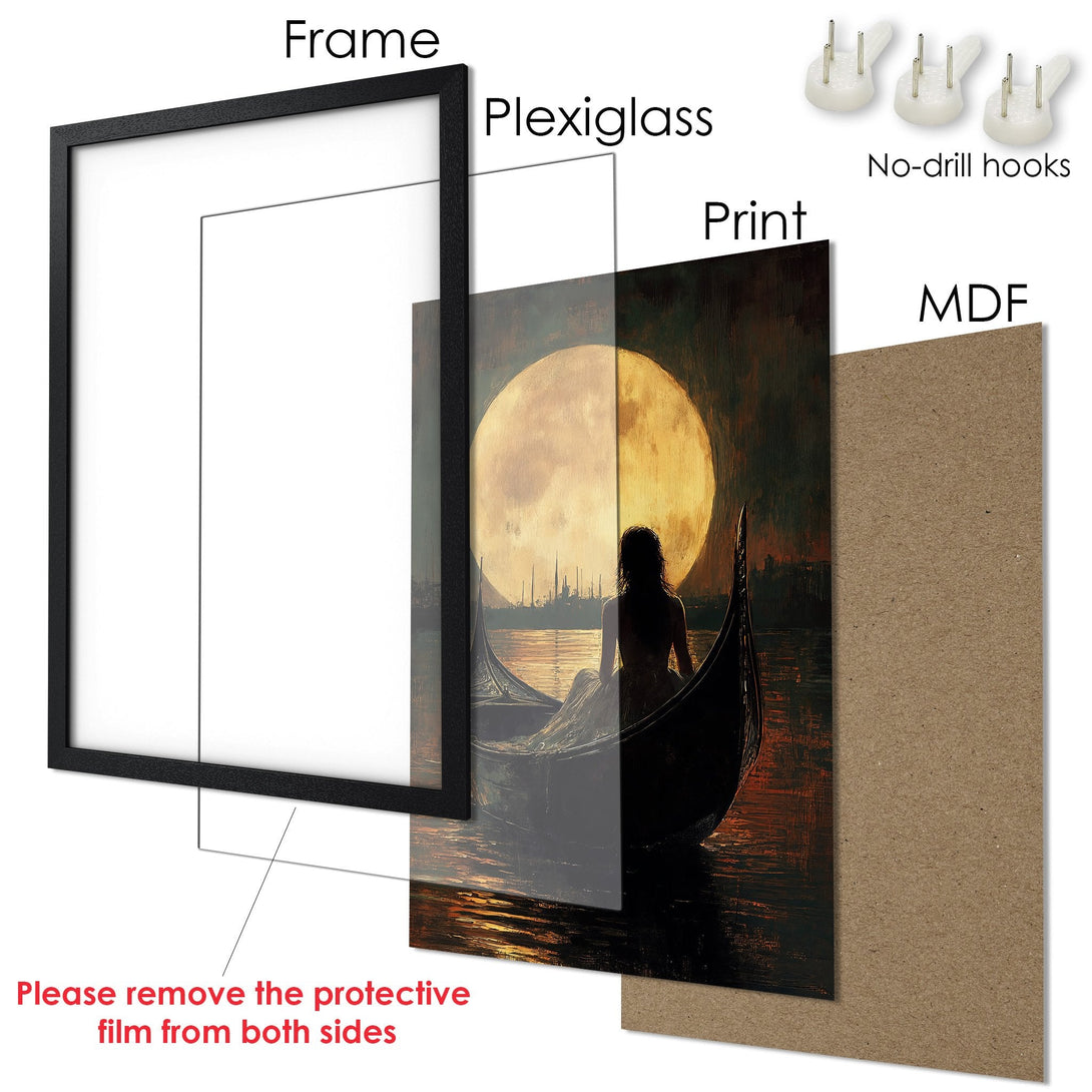 Framed Poster featuring a woman on a gondola with a full moon, in a romantic, painterly style with warm, dark tones. Ready to hang!