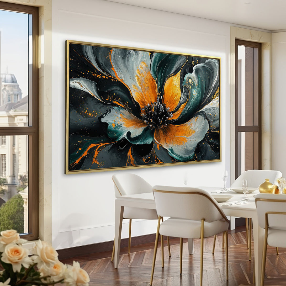 Abstract floral Canvas Print in a modern interior. Features a dramatic black, gold, and teal color palette. Perfect wall art for any room!