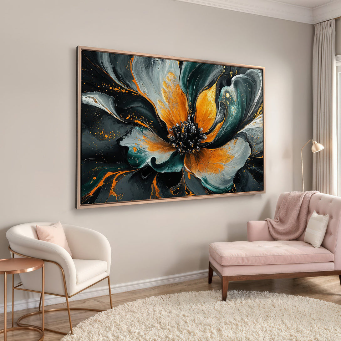 Framed Wall Art featuring abstract flower art in teal, gold, and orange hues. Modern canvas print adds a pop of color and style to any interior.