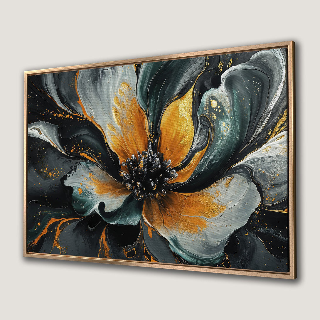 Framed Wall Art: Abstract flower canvas print in gold, teal, and grey. Modern art for home decor.