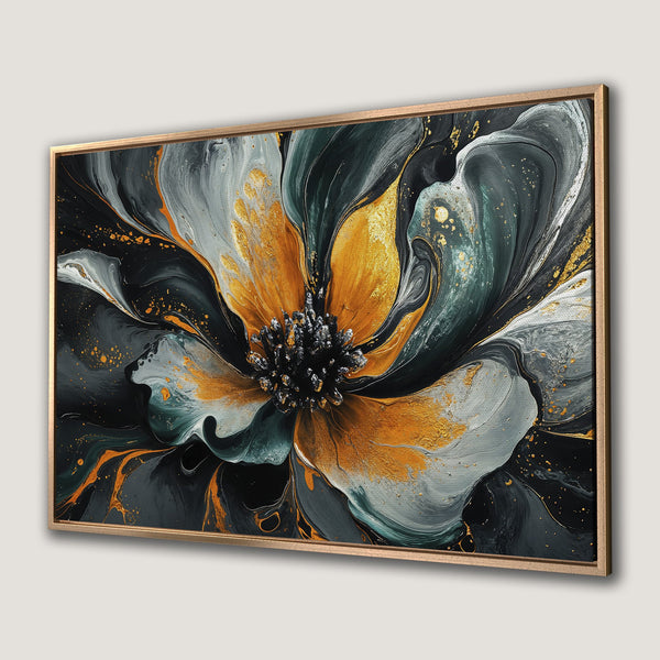 Framed Wall Art: Abstract flower canvas print in gold, teal, and grey. Modern art for home decor.