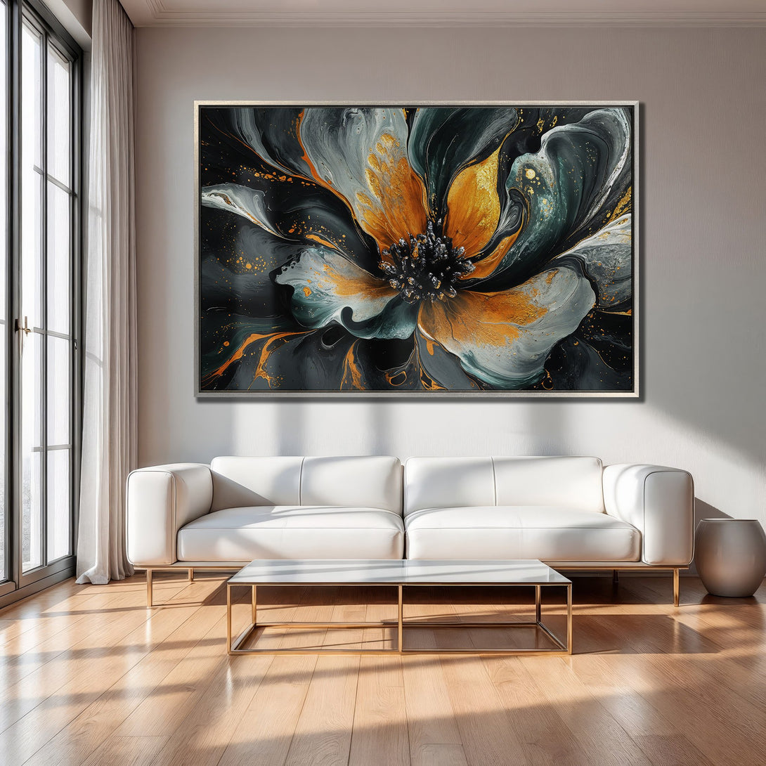 Framed Wall Art: Abstract floral design in black, gold, and gray. Modern canvas print adds elegance to any living room. Shop now!