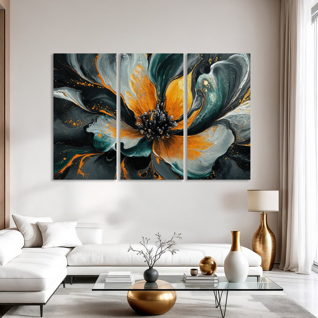 Abstract floral Canvas Print in a modern interior. Features a dark, teal, gold, and gray color palette. Perfect wall art for any space.