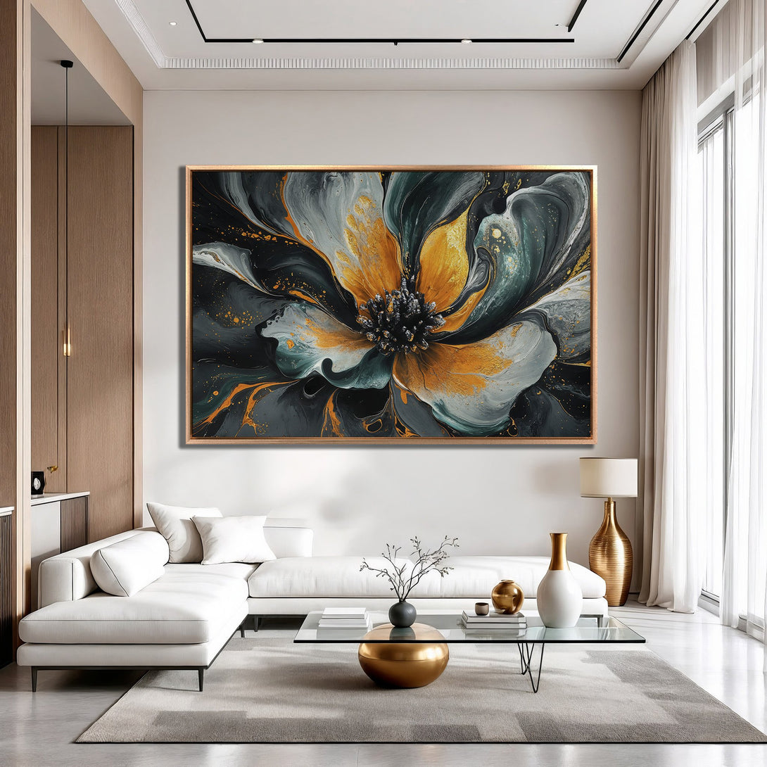 Framed Wall Art: Abstract floral design in gold, teal, and gray. Modern canvas print adds elegance to any living room. Shop now for stunning wall decor!
