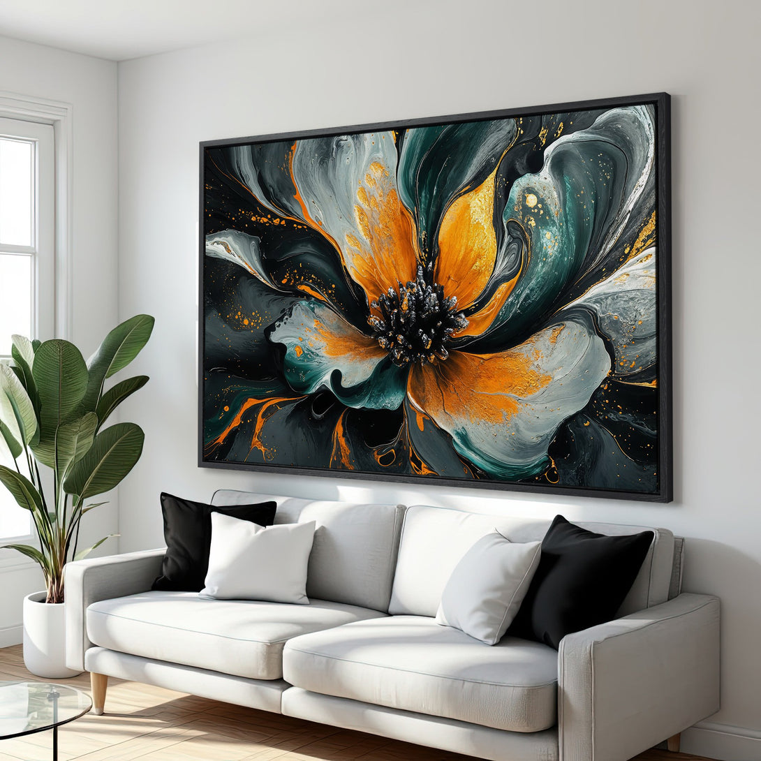 Framed Wall Art: Abstract floral Canvas Print in teal, gold, and grey. Modern art for living room decor.