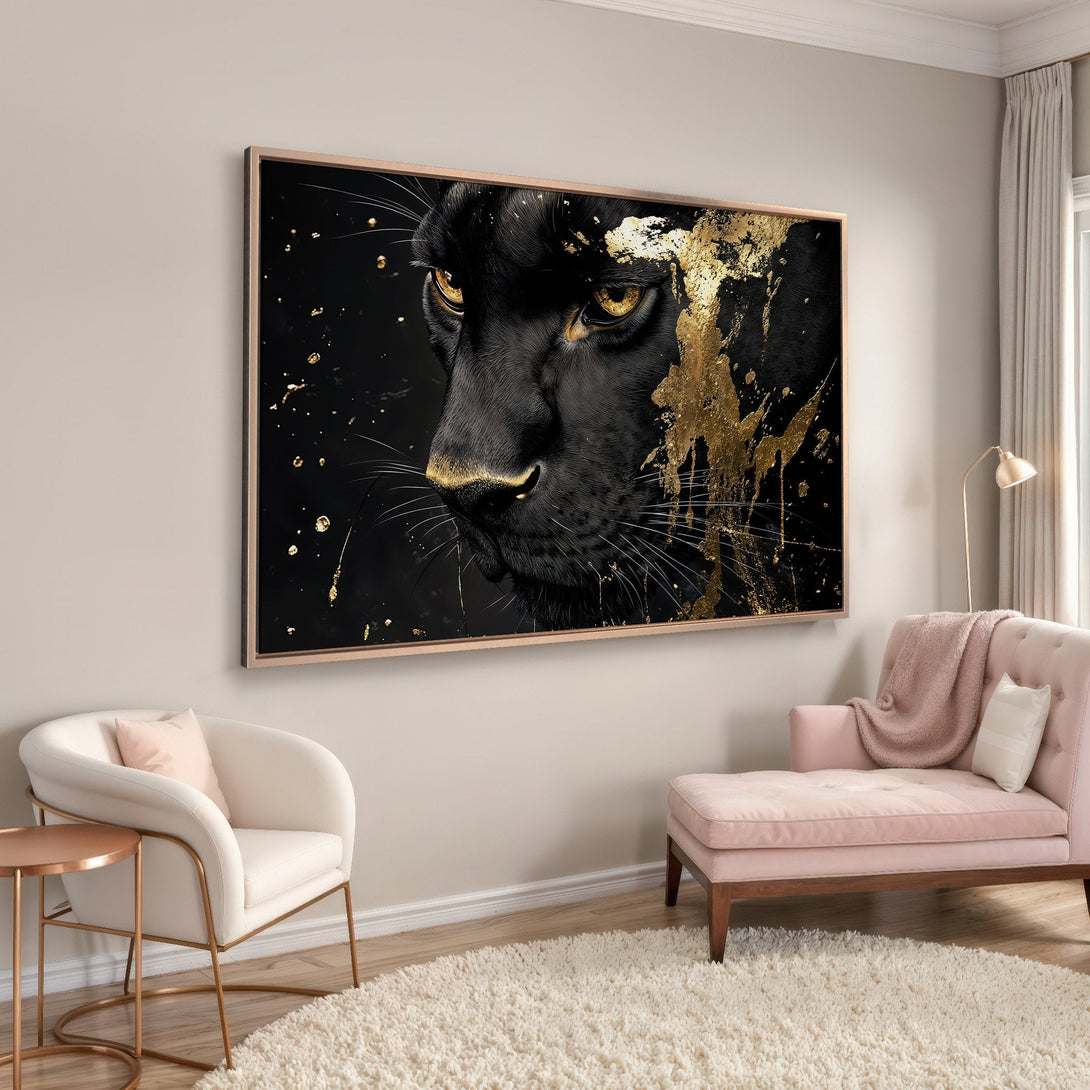 Framed Wall Art featuring a black panther with gold accents. Modern, elegant Canvas Print in a black and gold color palette. Perfect for any home.