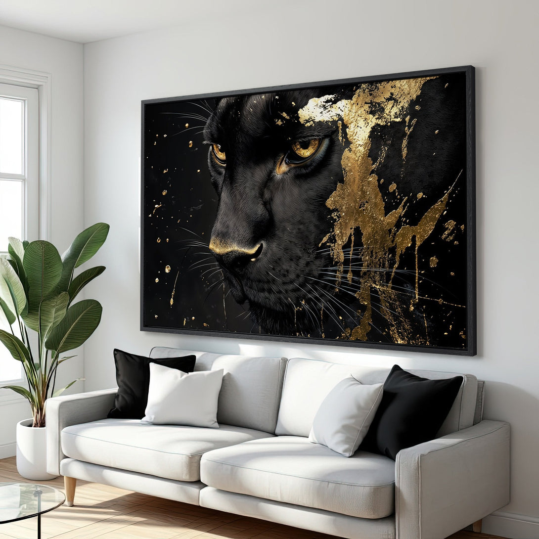 Framed Wall Art: Black panther portrait with gold accents. Modern, luxurious Canvas Print in black and gold, perfect for living room decor.