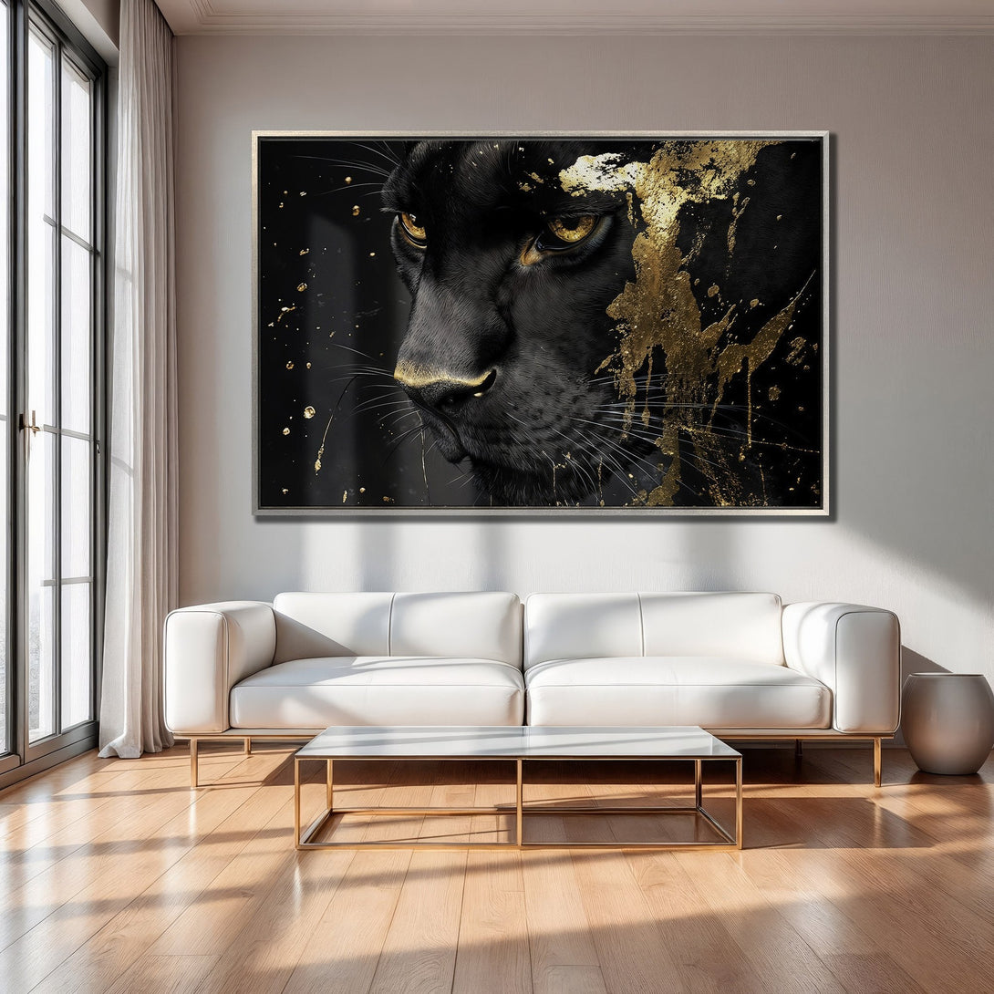 Framed Wall Art: Majestic black panther portrait with gold accents. Stunning modern art in a black and gold color palette. Elevate your space with this canvas print!