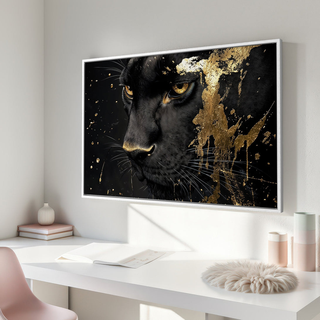 Framed Wall Art: Black panther portrait with gold accents. Modern canvas print in a black and gold color scheme. Elevate your space with this elegant artwork.