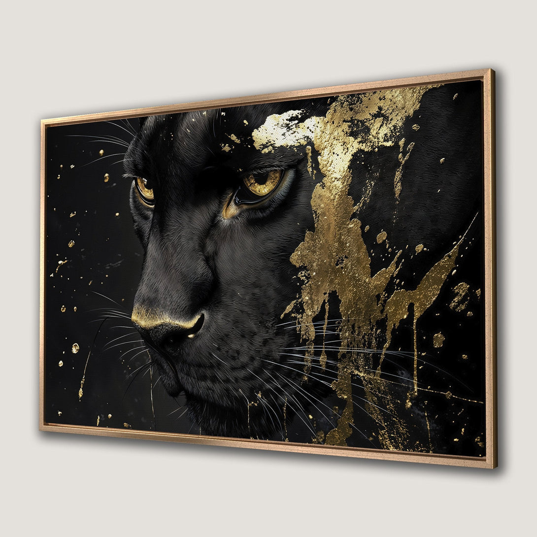Framed Wall Art: Black panther portrait with gold accents on a black background. Modern art style with a luxurious black and gold color palette.