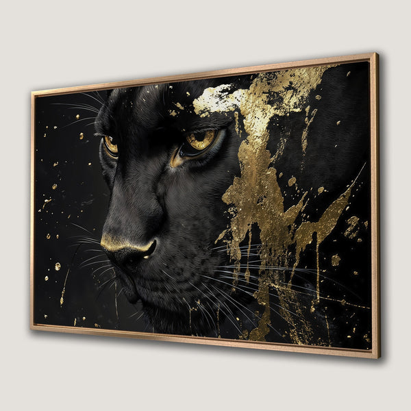Framed Wall Art: Black panther portrait with gold accents on a black background. Modern art style with a luxurious black and gold color palette.