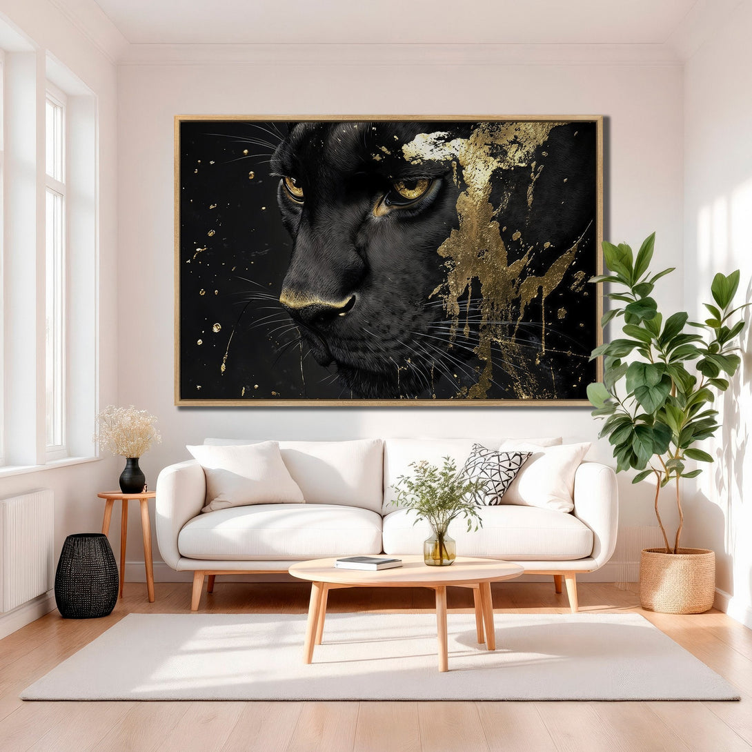 Framed Wall Art: Majestic black panther with gold accents. Modern, luxurious style. Black, gold, and neutral color palette. Elevate your home decor!