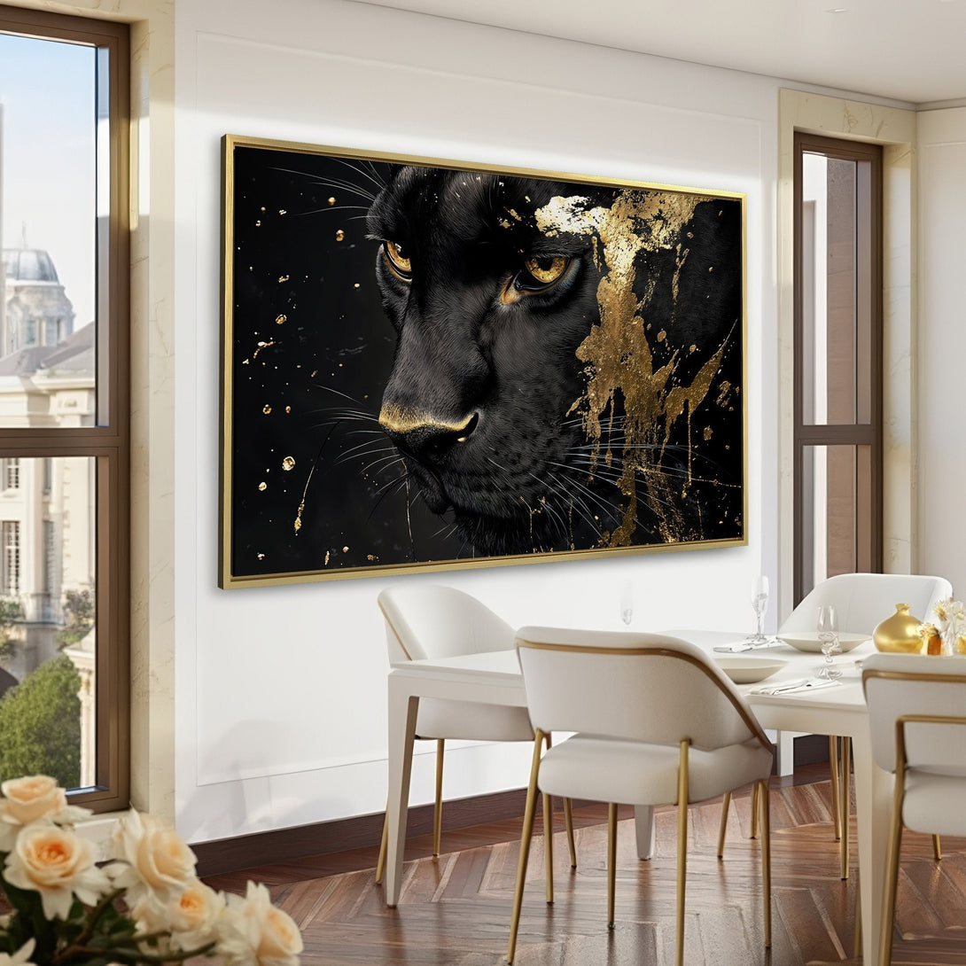 Canvas Print: Black panther art with gold accents. Modern, striking wall decor in a dark, luxurious interior. Black, gold, and emerald green color palette.