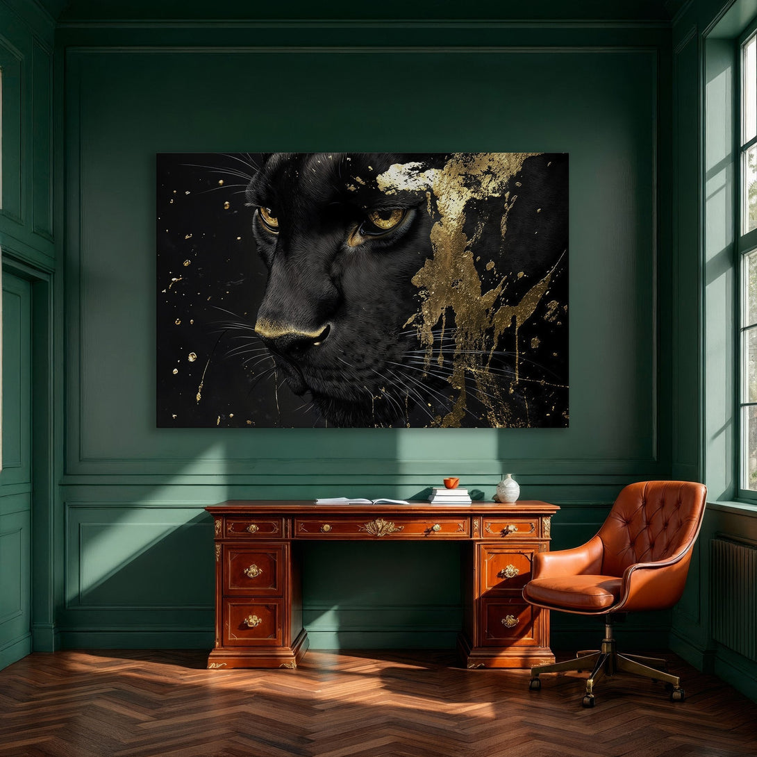 Framed Wall Art: Majestic black panther portrait with gold accents. Dramatic black and gold color palette, perfect for modern interior decor.