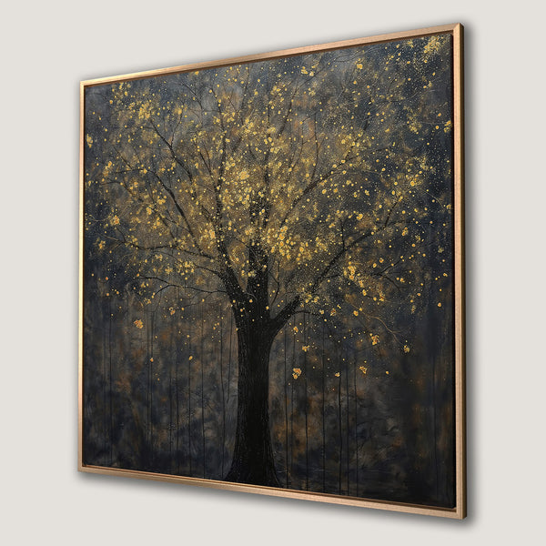 Framed Wall Art: Abstract tree art with gold accents on a dark blue and black background. Modern canvas print perfect for any room.