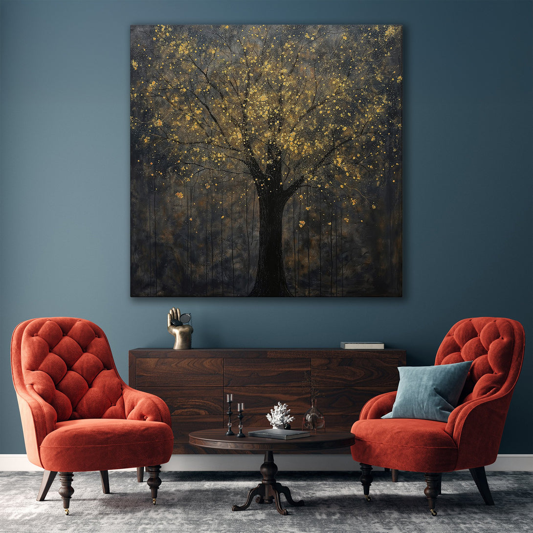 Framed Wall Art: Abstract tree painting with gold accents on a dark background. Modern art in a luxurious interior with a warm color palette.