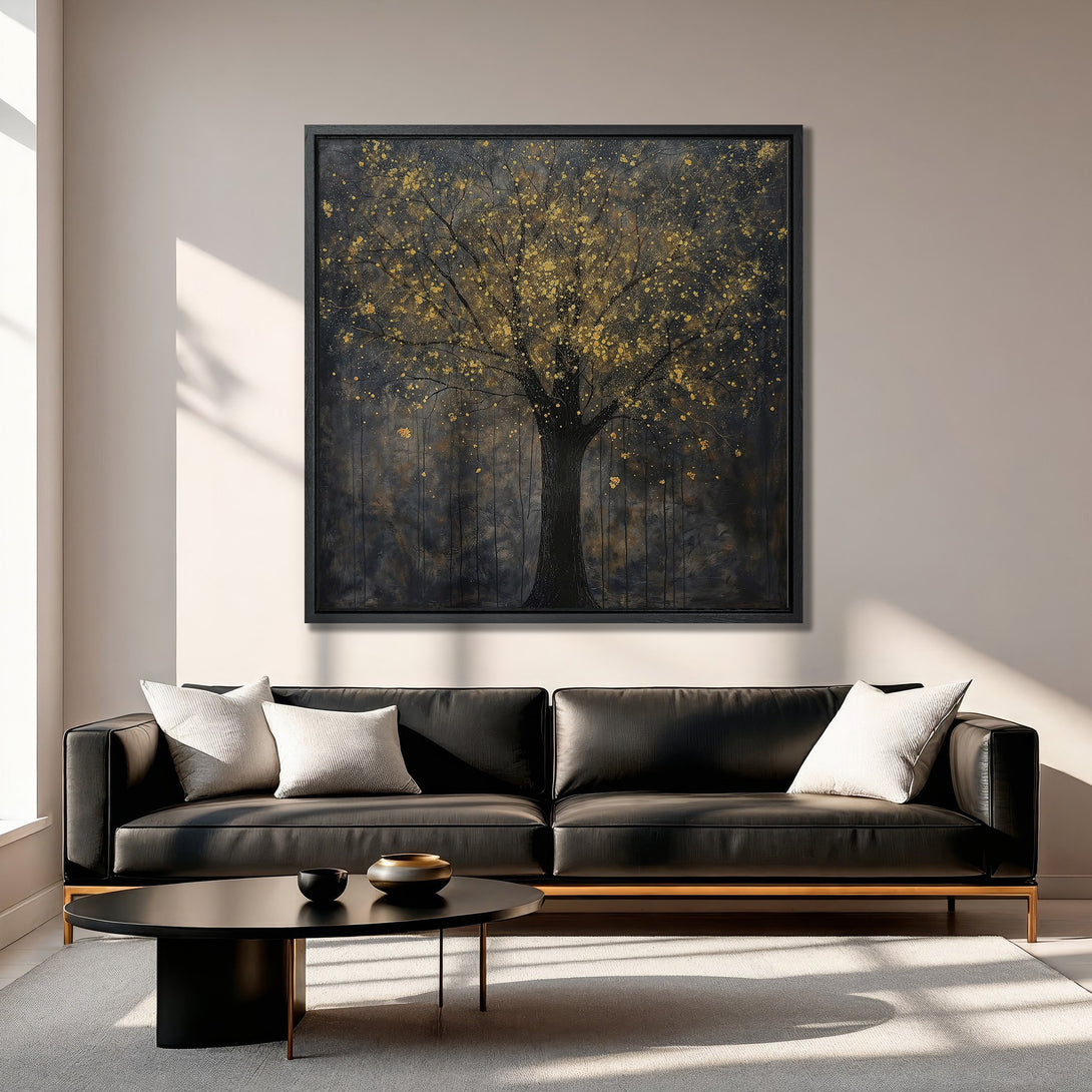 Framed Wall Art: Abstract tree art in black and gold. Modern canvas print adds a touch of elegance to any living room. Shop now for wall decor!