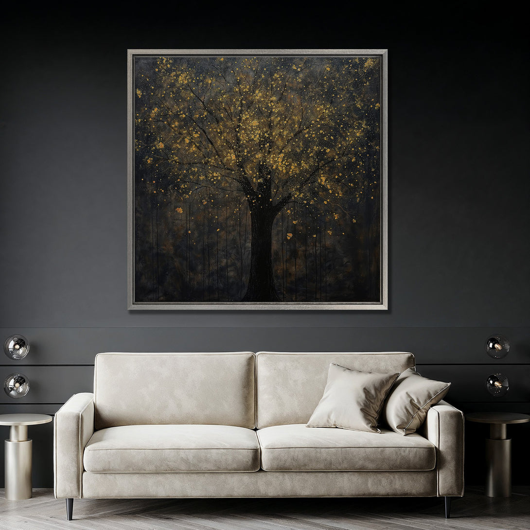 Framed Wall Art featuring a golden tree on a dark background, adding a touch of elegance. The canvas print has a dark, moody color palette, perfect for any interior.