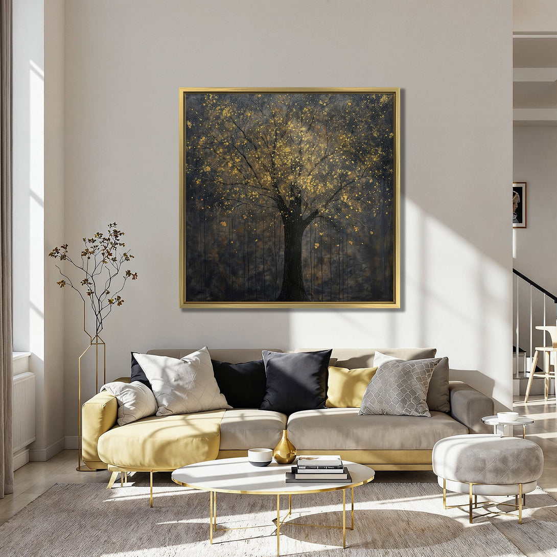 Canvas Print of a golden tree artwork in a dark, moody style. Features a black, gold, and teal color palette, perfect for modern interiors.