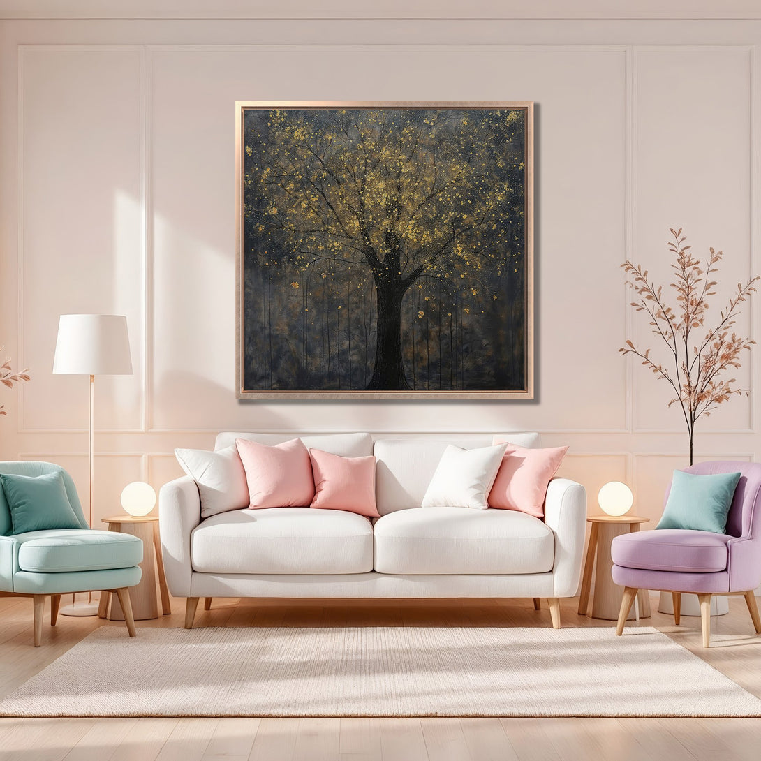 Framed Wall Art: Abstract tree art with gold accents, displayed in a stylish living room. Features a dark, moody palette with pops of gold and pink.