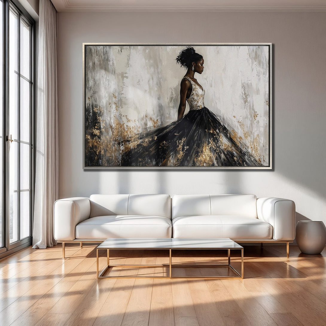 Framed Wall Art featuring a woman in a black and gold dress. Abstract style, neutral color palette. Perfect for living room decor.