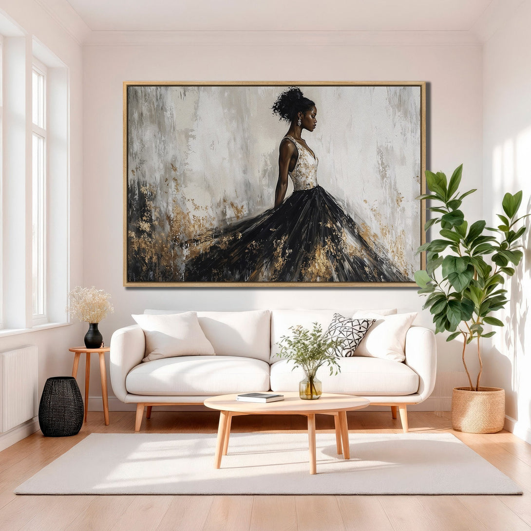 Framed Wall Art: Elegant woman in black and gold dress. Modern abstract art with neutral color palette. Perfect for living room decor.