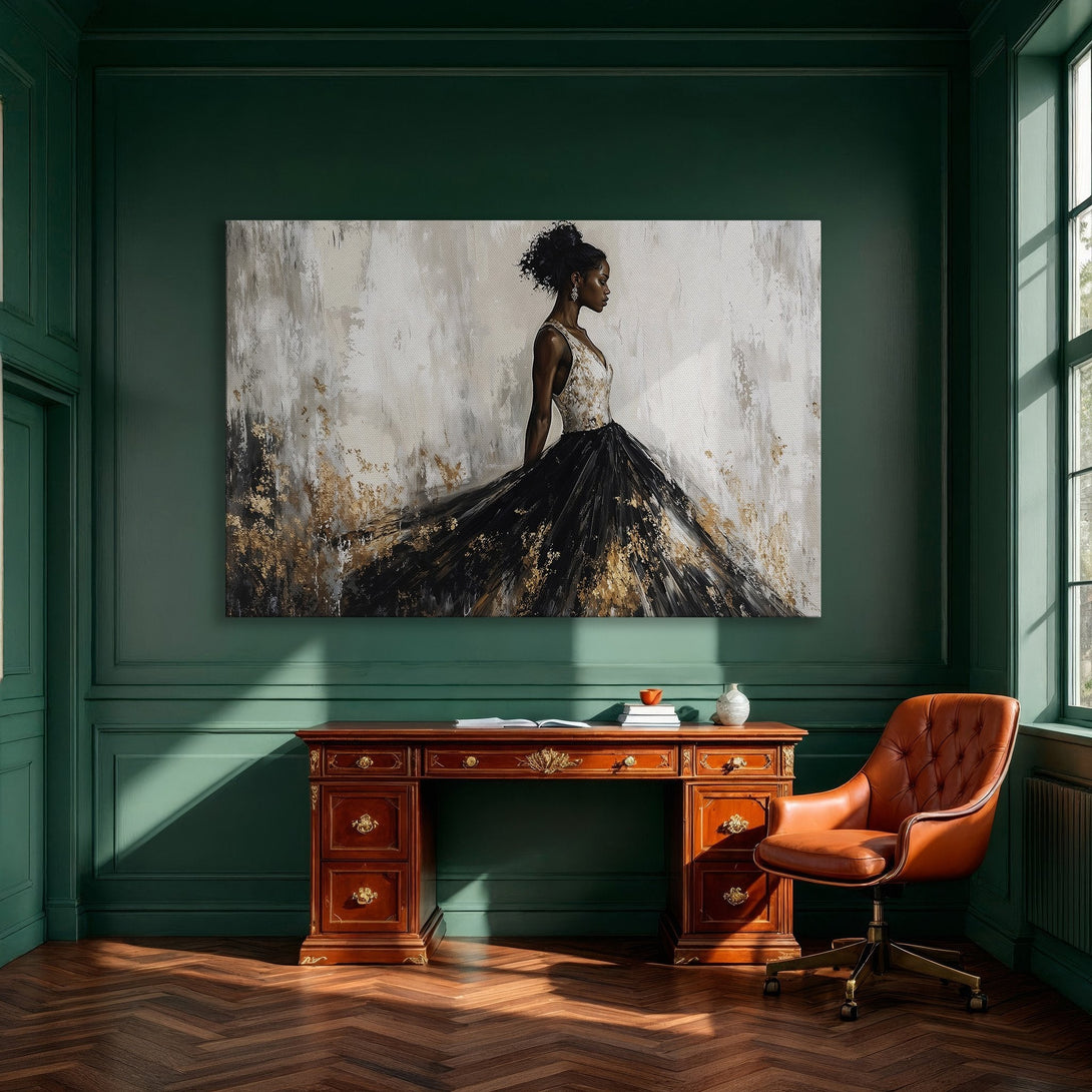 Framed Wall Art: Elegant woman in black and gold dress. Abstract style, neutral color palette. Perfect for dining room decor.