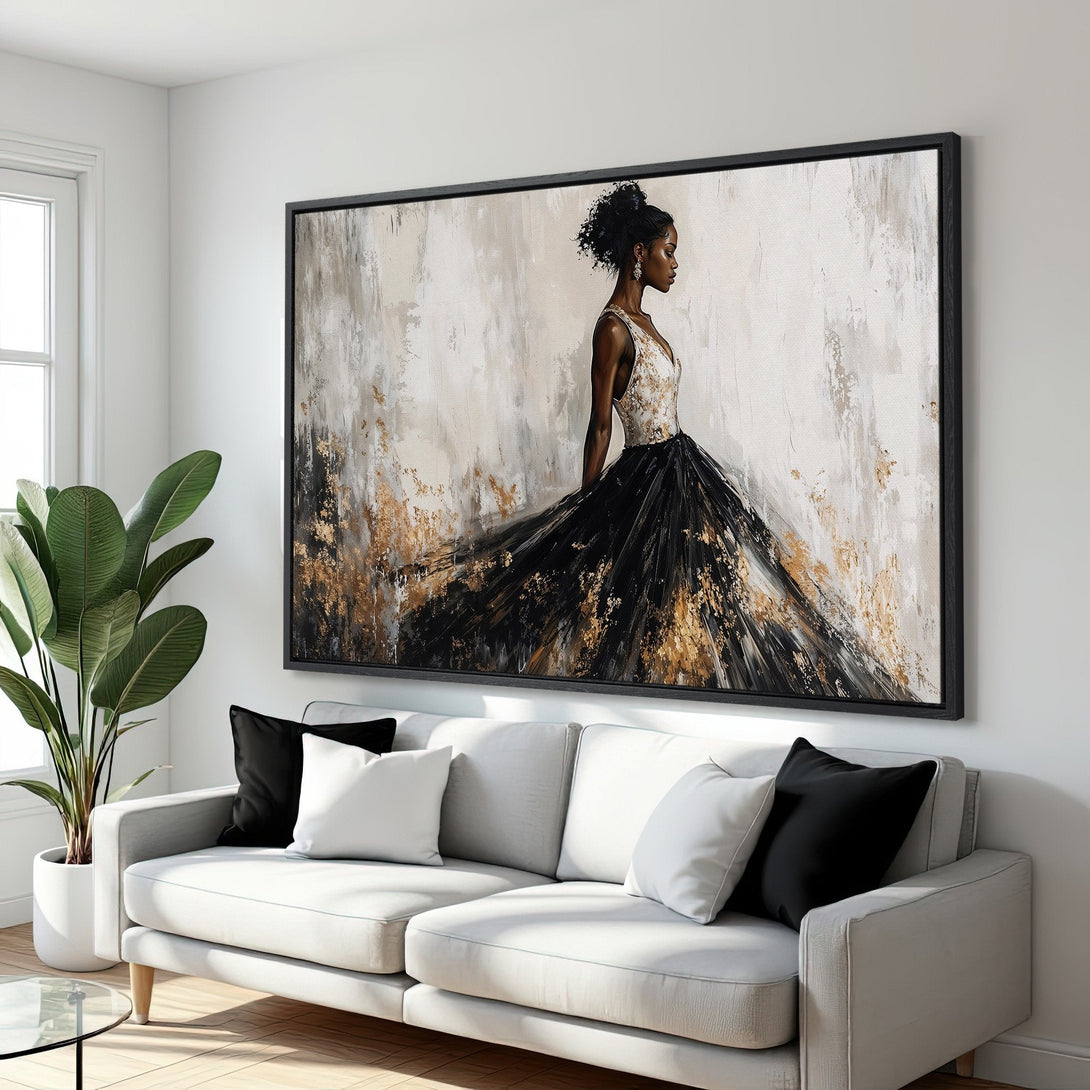 Framed Wall Art: Elegant woman in black & gold gown, abstract style, neutral & warm color palette. Perfect for living room decor.