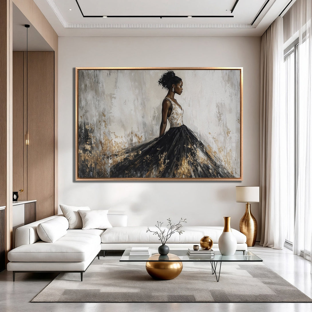 Framed Wall Art: Elegant woman in black & gold dress. Abstract style, neutral color palette. Perfect for modern interior decor.