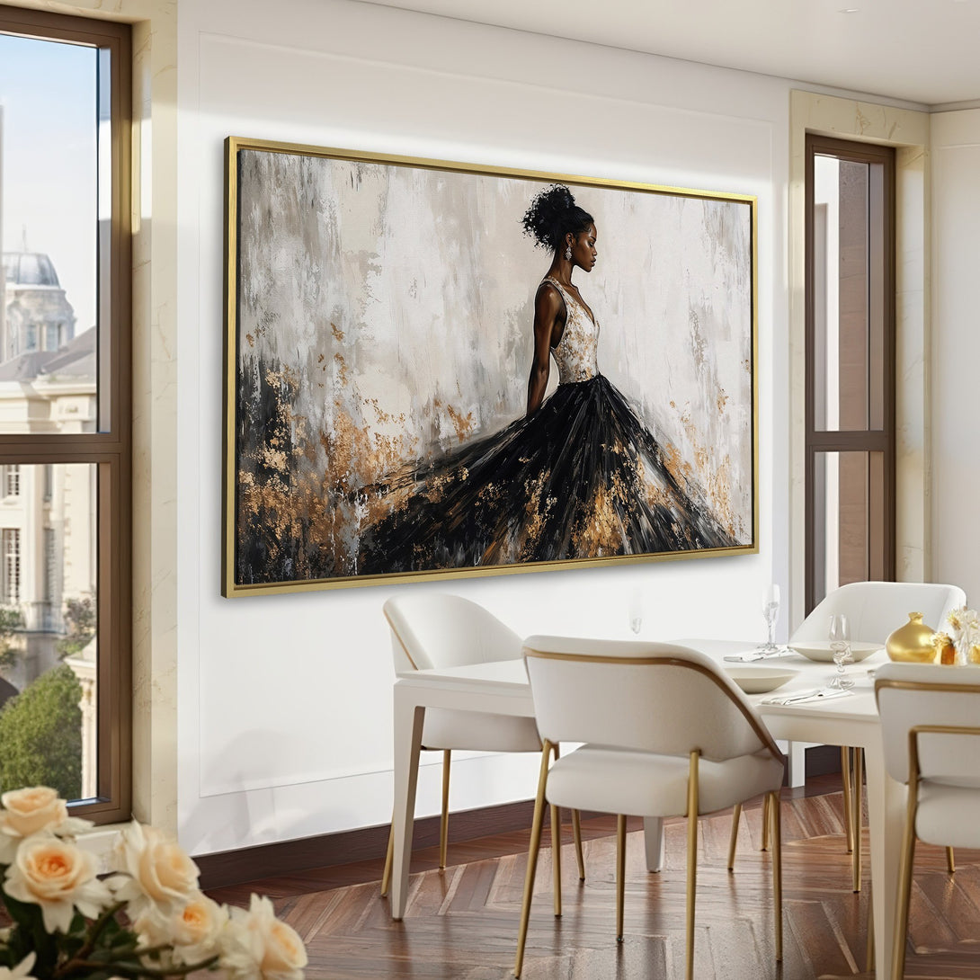 Canvas Print of elegant woman in black and gold dress, displayed in a sophisticated interior. Neutral and gold tones pop against a deep green wall.