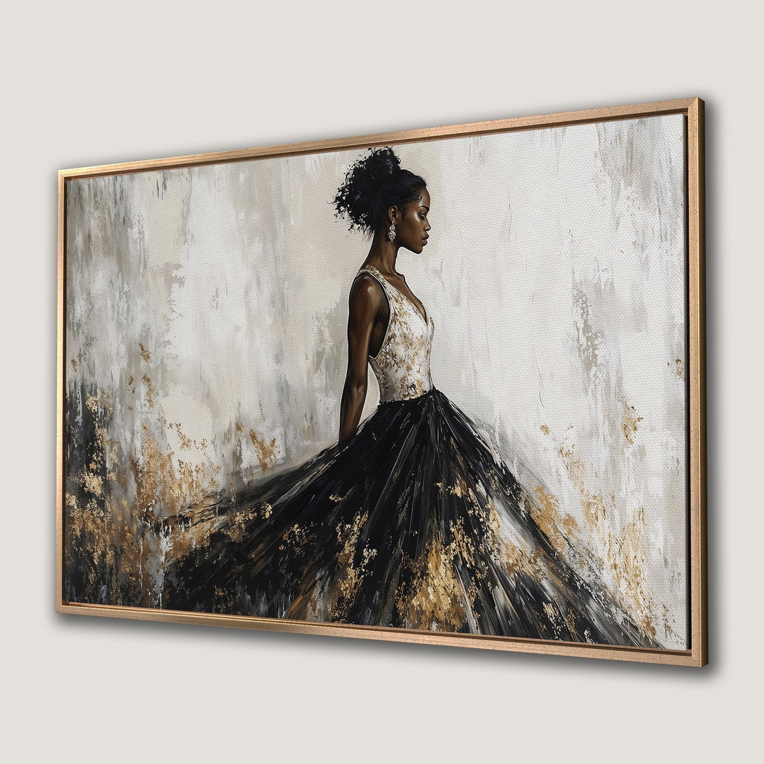 Framed Wall Art: Elegant woman in a black and gold gown, abstract style, neutral and gold color palette. Perfect for modern decor.