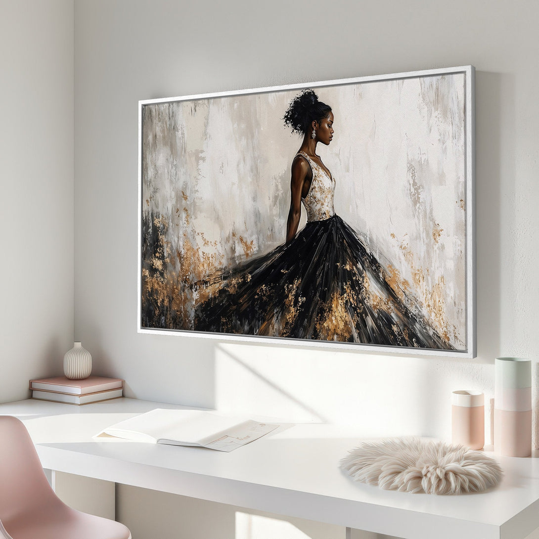 Framed Wall Art featuring an elegant woman in a flowing black dress. Abstract style with a neutral, gold, and black color palette. Perfect for modern decor.