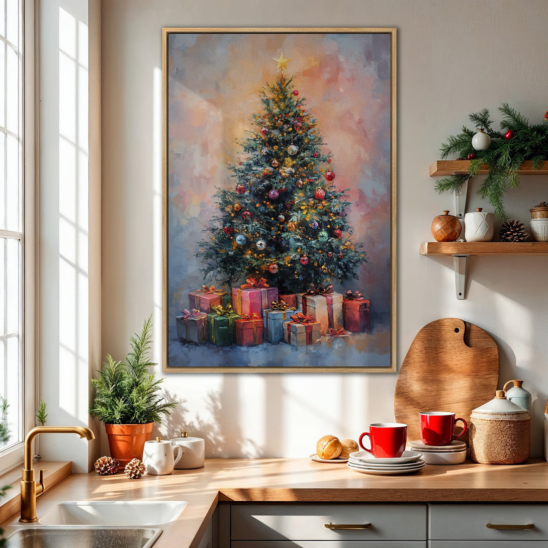 Framed Wall Art: Festive Christmas tree painting with warm color palette, perfect for holiday decor. Adds a touch of elegance to any room.