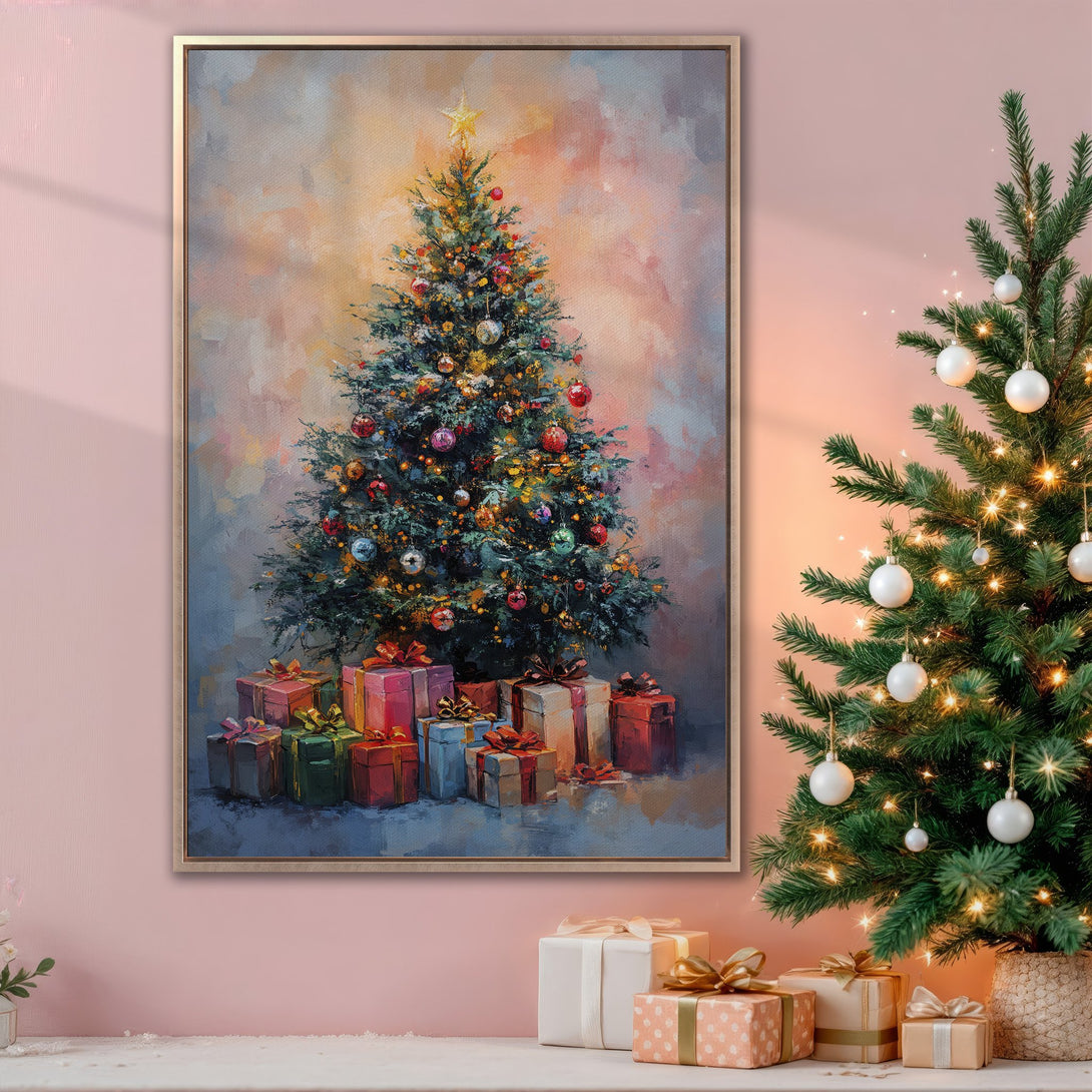 Framed Wall Art: Festive Christmas tree painting in warm, inviting colors. Perfect holiday decor for a cozy home. Shop our Canvas Print collection today!