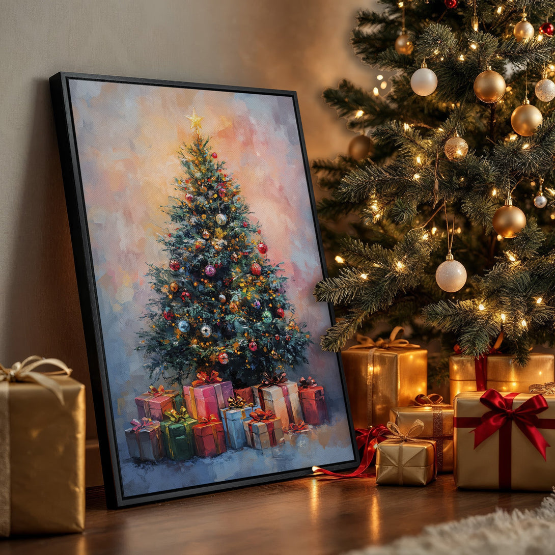 Framed Wall Art: Festive Christmas tree painting with warm, inviting colors. Perfect holiday decor for your home.