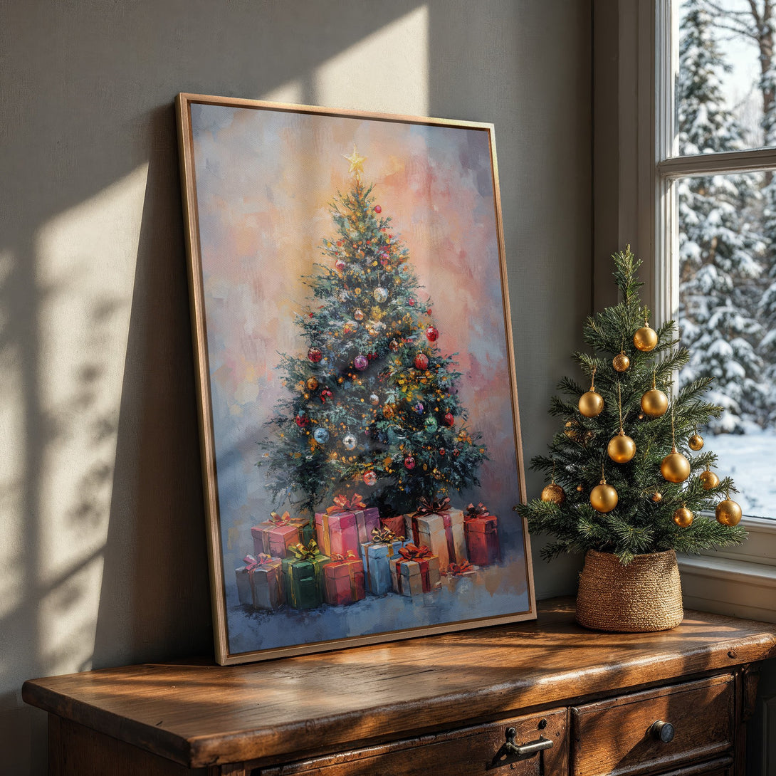 Framed Wall Art: Festive Christmas tree painting with warm, inviting color palette. Perfect holiday decor for your home!