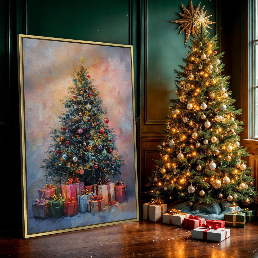Canvas Print of a festive Christmas tree painting in warm, colorful hues. Perfect holiday wall art to brighten your home!