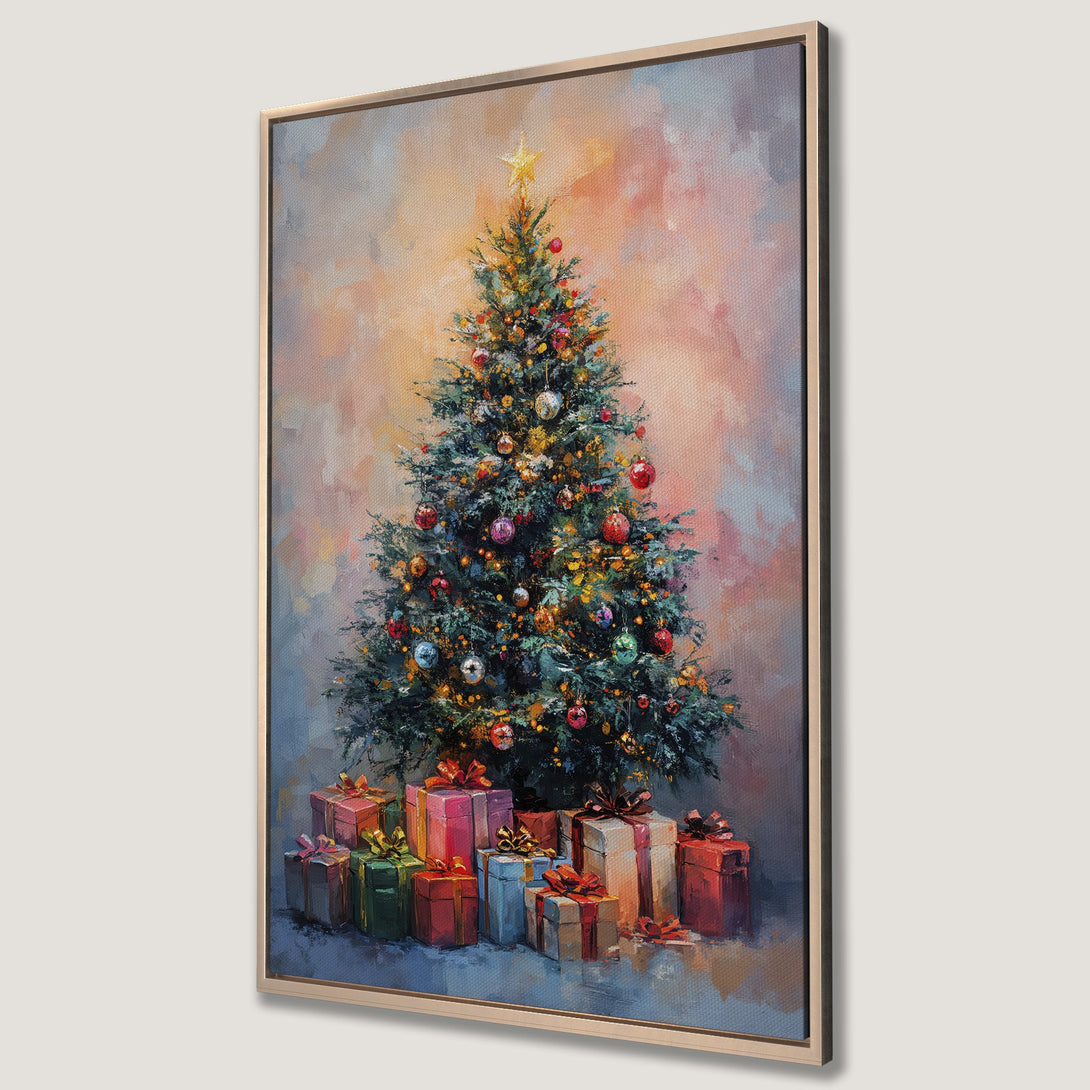 Framed Wall Art: Festive Christmas tree painting with gifts, impressionist style, warm color palette. Perfect holiday decor for your home!