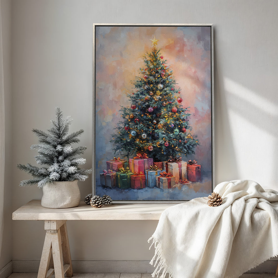 Framed Wall Art: Festive Christmas tree painting with warm, pastel color palette. Perfect holiday decor for a cozy, inviting home.